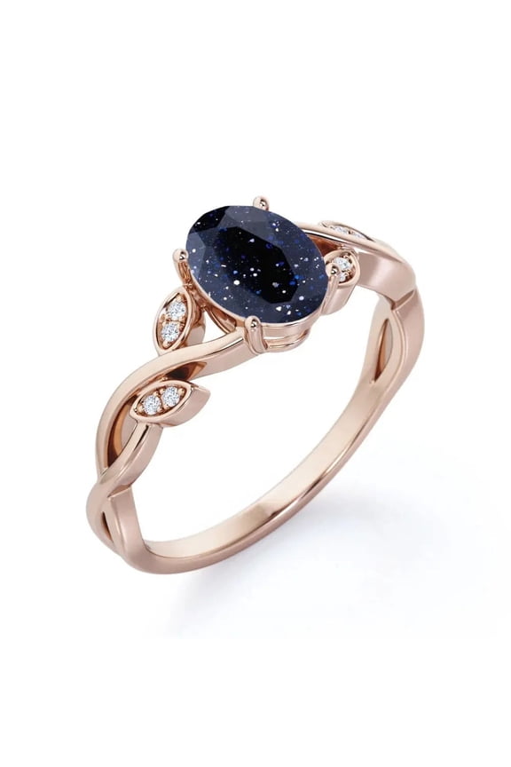 Oval-Cut Lab-Created Blue Sandstone & Diamond Twisted Shank Leaf Engagement Ring in 925 Sterling Silver – Unique Gemstone Ring for Her, Elegant Nature-Inspired Design