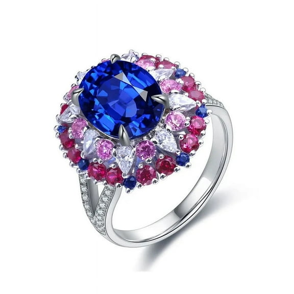 Oval Cut Lab-Created Blue Sapphire and Pink Topaz, Pink Sapphire, Moissanite Engagement Wedding Ring in 925 Sterling Silver for Her – Elegant and Vibrant Jewelry