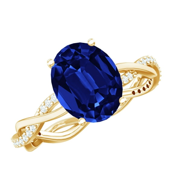 Rosec Jewels Oval Cut Lab Created Blue Sapphire Solitaire Ring with Diamond - 8X10 mm, 10K Yellow Gold, US 7.50