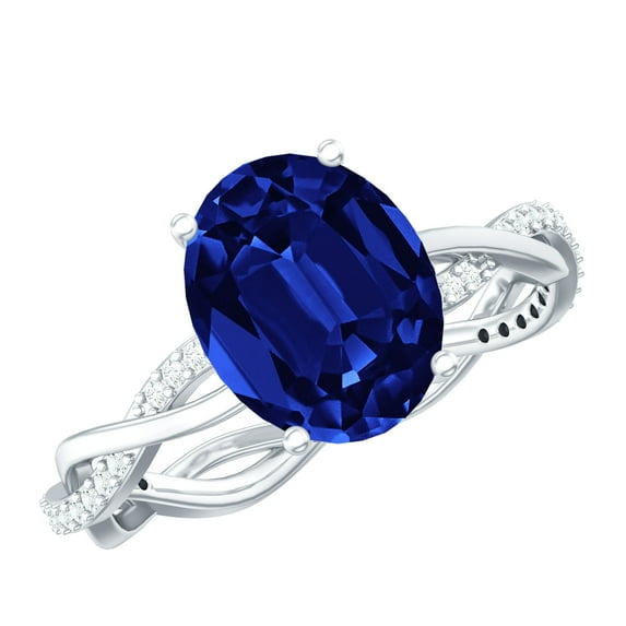 Rosec Jewels Oval Cut Lab Created Blue Sapphire Solitaire Ring with Diamond - 8X10 mm, 925 Sterling Silver, US 7.50