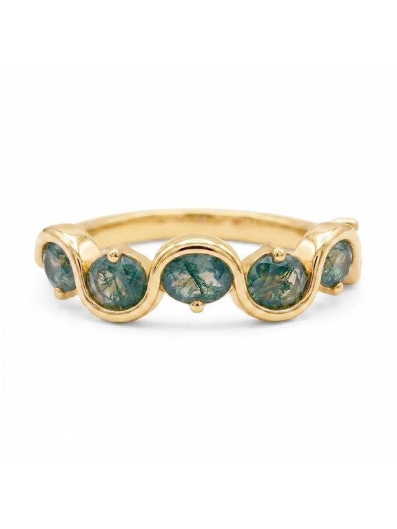 Oval Cut Lab-Created Moss Agate Half Eternity Ring, Yellow Gold Plated 925 Sterling Silver Wavy Stacking Band for Women, Nature Inspired Ring