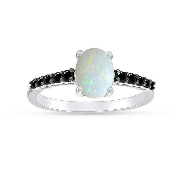 Oval Cut Lab Created Opal And 0.18 Cttw Enhanced Black Natural Diamond Solitaire Engagement Ring In 14k White Gold Over Sterling Silver Ring Size-5