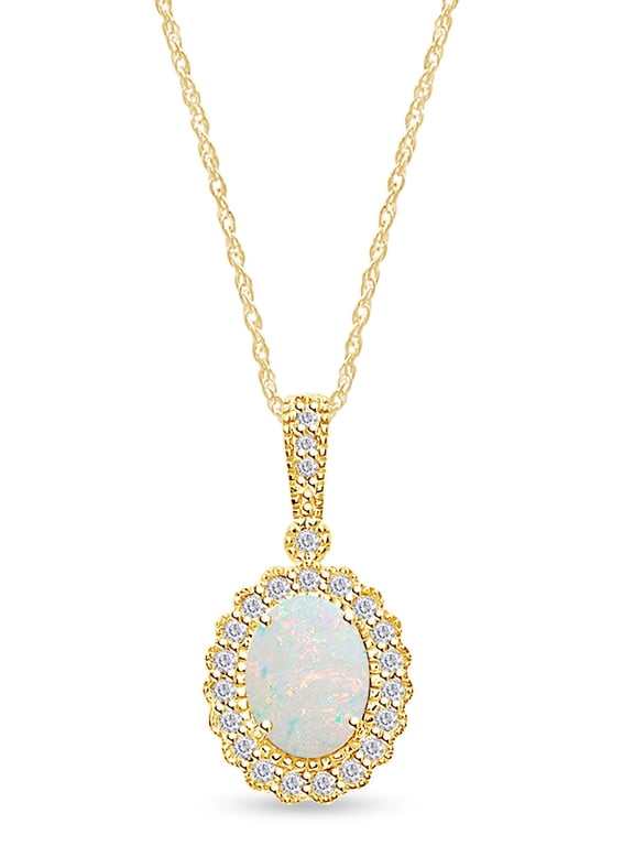 Oval Cut Lab Created Opal And Simulated White Sapphire Halo Pendant Necklace In 14k Yellow Gold Over Sterling Silver With 18" Chain