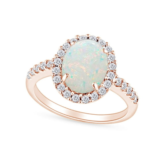Oval Cut Lab Created Opal And Simulated White Sapphire Halo Solitaire Engagement Ring In 10k Solid Rose Gold Ring For Women Ring Size-7.5