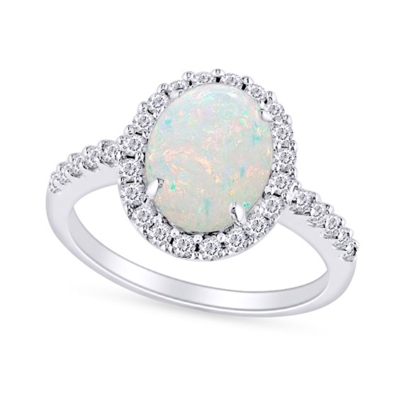 Oval Cut Lab Created Opal And Simulated White Sapphire Halo Solitaire Engagement Ring In 10k Solid White Gold Ring For Women Ring Size-9.5