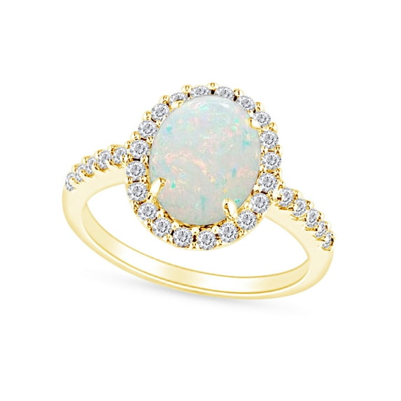 Oval Cut Lab Created Opal And Simulated White Sapphire Halo Solitaire Engagement Ring In 10k Solid Yellow Gold Ring For Women Ring Size-5.5