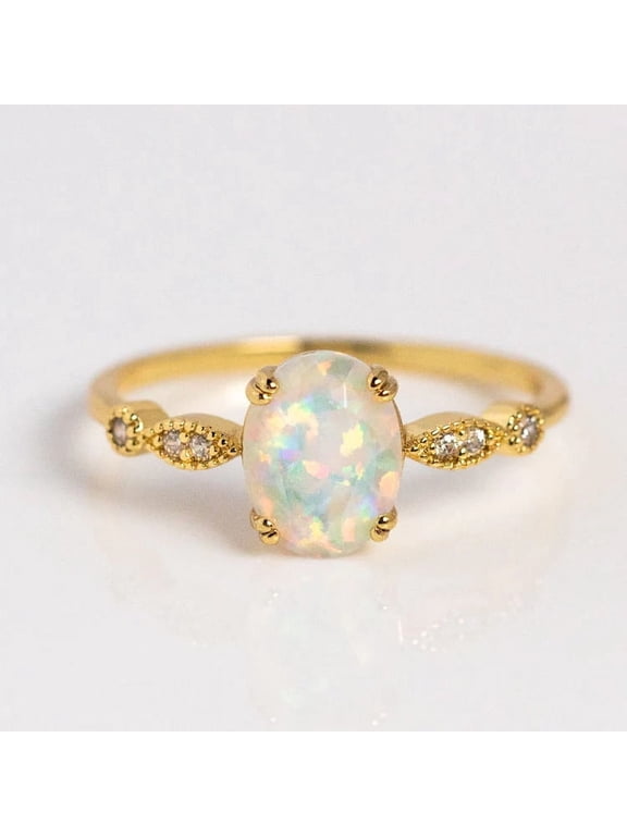 Oval Cut Lab Created Opal and Diamond Vintage Solitaire Ring in 925 Sterling Silver – October Birthstone Anniversary Gift for Her, Elegant and Timeless Jewelry