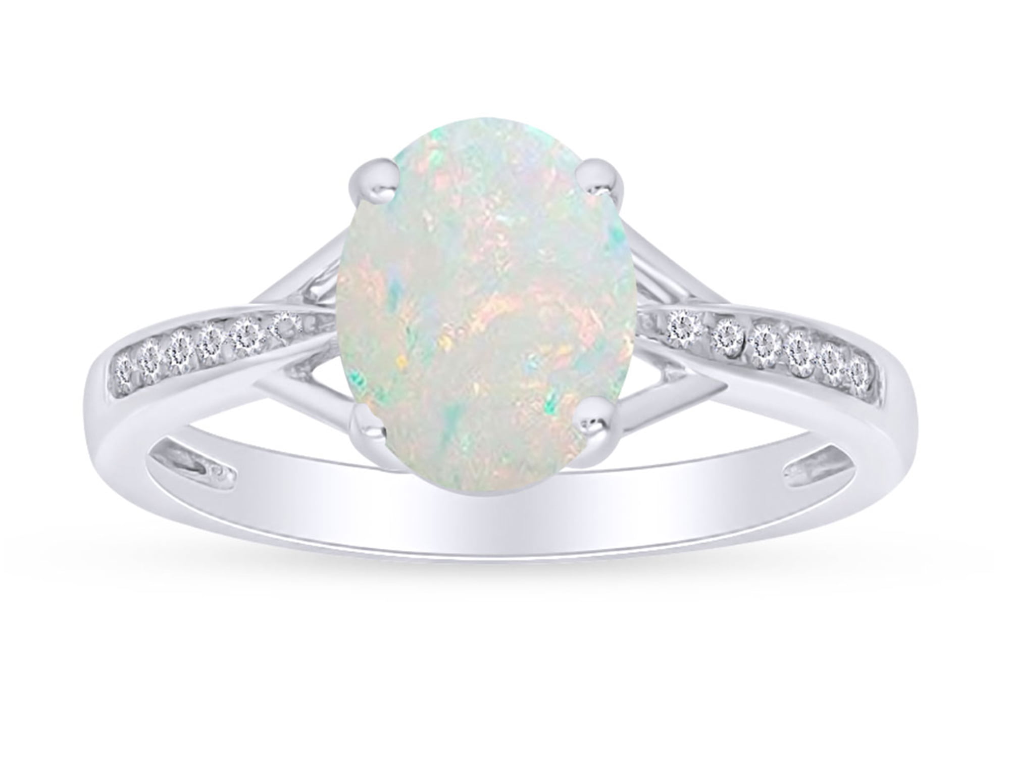 Oval Cut Lab Created Opal Gemstone And Natural Diamond Accents Split Shank Engagement Ring In 14k White Gold Over Sterling Silver Jewelry For Women
