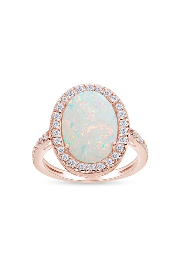 Oval Cut Lab Created Opal & Sparkling White Cubic Zirconia Halo Engagement Ring In 14k Rose Gold Over Sterling Silver Jewelry For Women