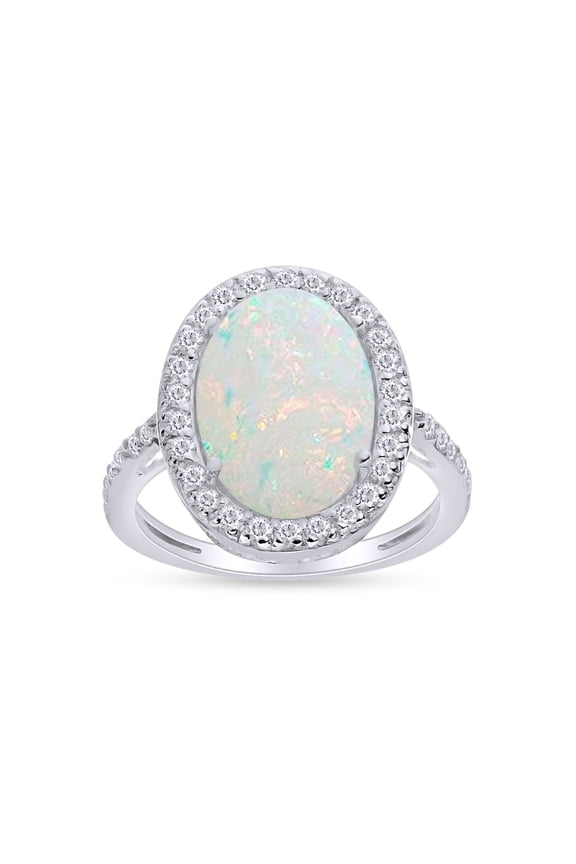 Oval Cut Lab Created Opal & Sparkling White Cubic Zirconia Halo Engagement Ring In 14k White Gold Over Sterling Silver Jewelry For Women
