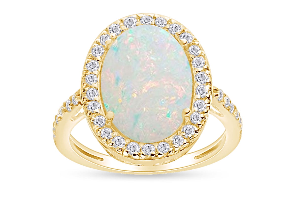 Oval Cut Lab Created Opal & Sparkling White Cubic Zirconia Halo Engagement Ring In 14k Yellow Gold Over Sterling Silver Jewelry For Women