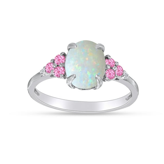 Oval Cut Lab Created Opal With Simulated White Sapphire And Pink Tourmaline Halo Solitaire Ring In 14k White Gold Over Sterling Silver Ring Size-7.5