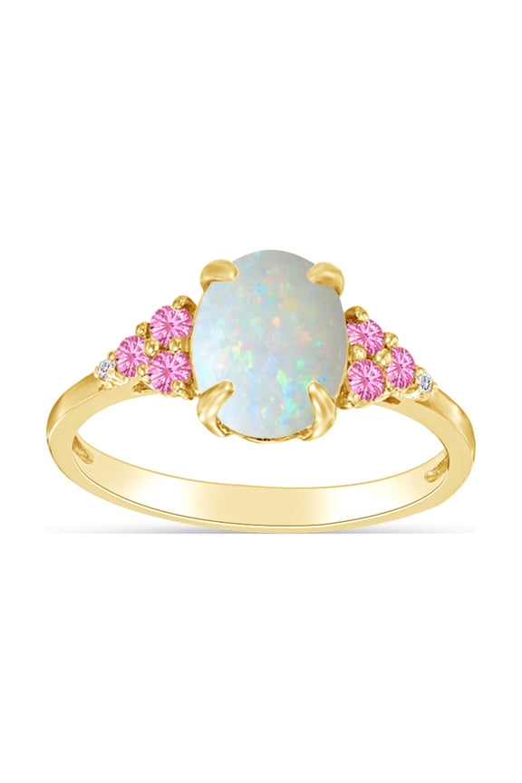 Oval Cut Lab Created Opal With Simulated White Sapphire And Pink Tourmaline Halo Solitaire Ring In 14k Yellow Gold Over Sterling Silver Ring Size-8.5