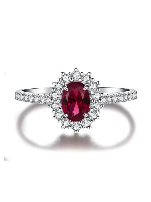 Oval-Cut Lab-Created Ruby & Moissanite Halo Engagement Ring in 925 Sterling Silver – Timeless, Elegant, and Sparkling Jewelry for Women