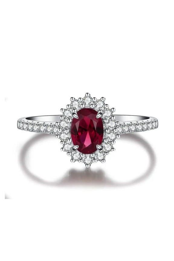 Oval-Cut Lab-Created Ruby and Diamond Halo Engagement Ring in 925 Sterling Silver – Stunning Women's Bridal Jewelry, Elegant Red Gemstone Ring