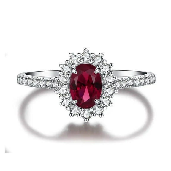 Oval-Cut Lab-Created Ruby and Diamond Halo Engagement Ring in 925 Sterling Silver – Stunning Women's Bridal Jewelry, Elegant Red Gemstone Ring