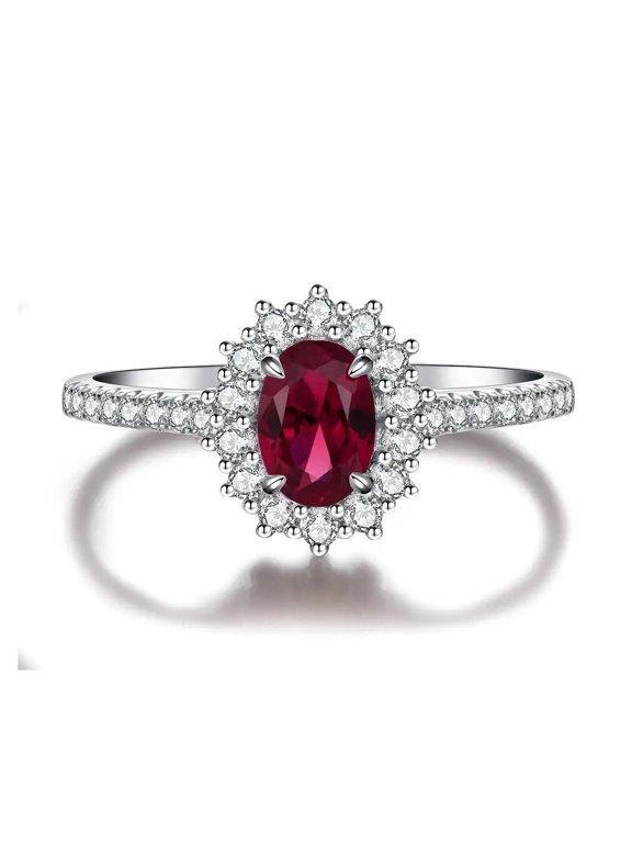 Oval-Cut Lab-Created Ruby and Diamond Halo Engagement Ring in 925 Sterling Silver – Stunning Women's Bridal Jewelry, Elegant Red Gemstone Ring