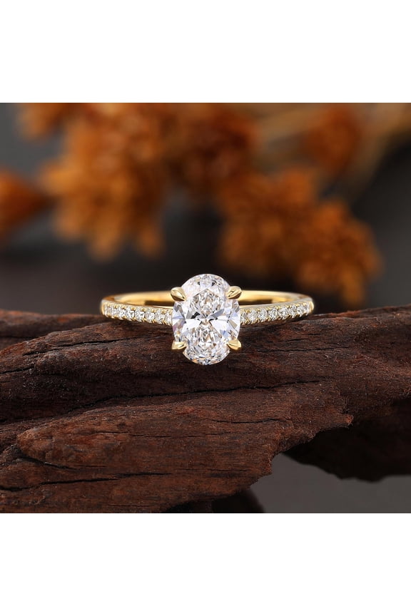 Oval Cut Lab Diamond Engagement Ring, Yellow Gold Wedding Ring, Micro Pave Bridal Ring, Half Eternity Ring Women, Anniversary Promise Ring
