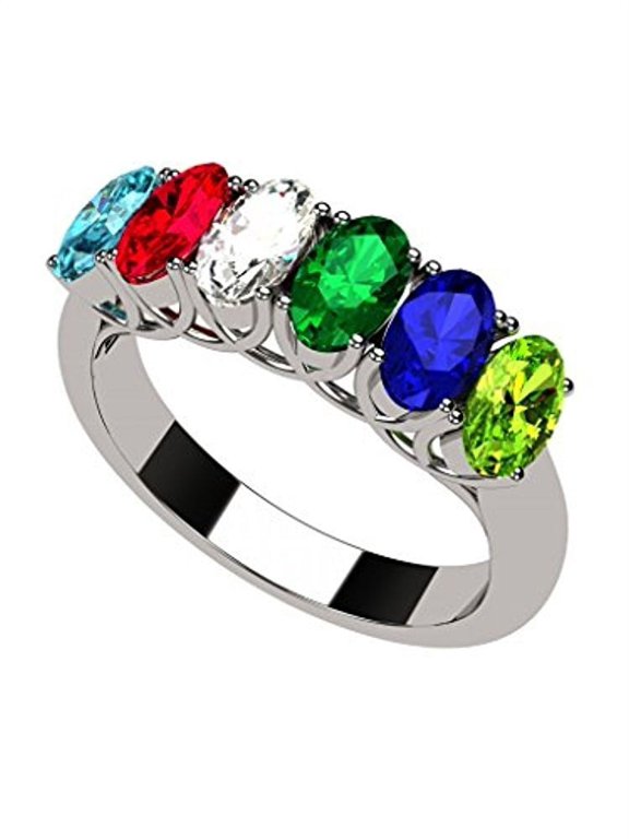 Oval Cut Lucita Style 1 to 7 Simulated Birthstones - Mother's Birthstone Ring- Sterling Silver-Size 7