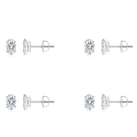 Oval Cut Moissanite Solitaire Women's Stud Earrings 14K White Gold Plated Pack of 4
