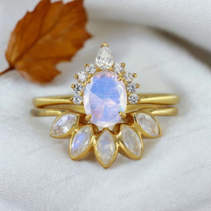 Oval Cut Moonstone Women Ring Set Bridal Curved Stackable Band Art Deco ...