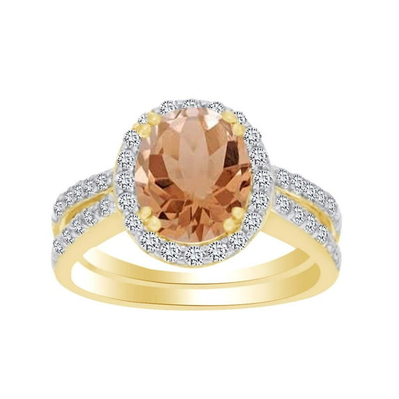 AFFY Oval Cut Morganite & White Cubic Zirconia Engagement Wedding Ring In 10k Solid Yellow Gold (6.10 cttw) Ring Size-5