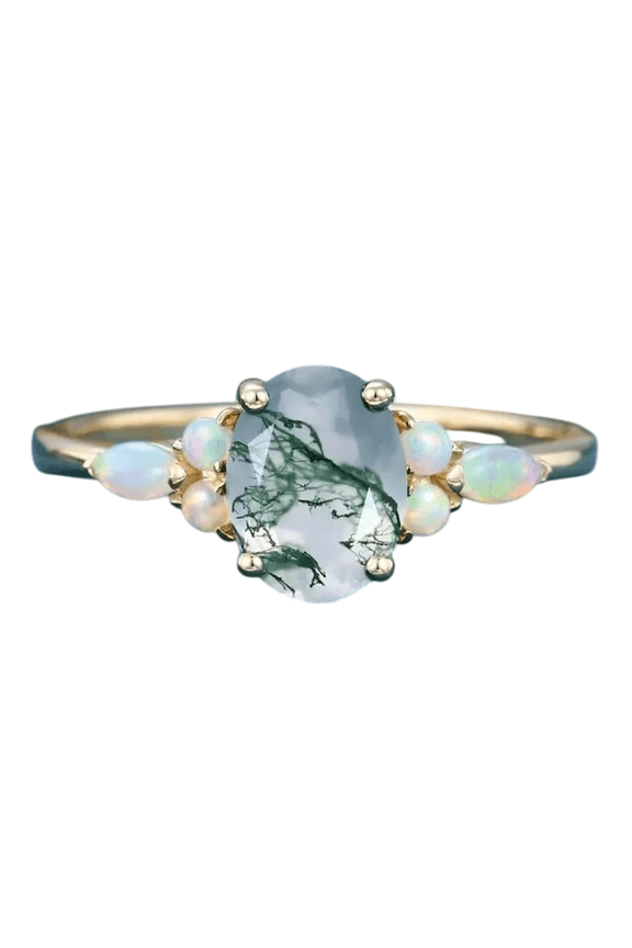 Oval-Cut Natural Moss Agate & Opal Solitaire Engagement Ring in 925 Sterling Silver for Women – Unique, Elegant, and Timeless