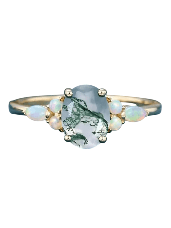 Oval-Cut Natural Moss Agate & Opal Solitaire Engagement Ring in 925 Sterling Silver for Women – Unique, Elegant, and Timeless