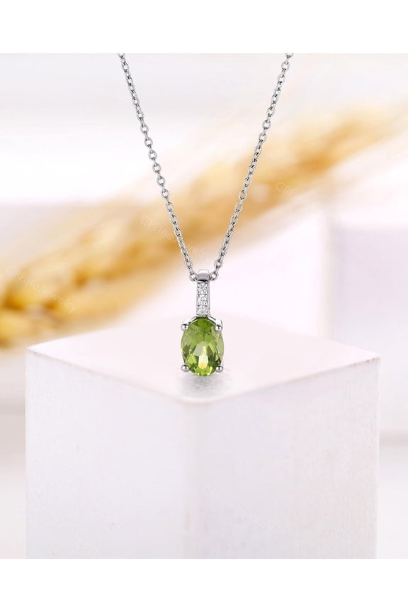 Oval Cut Natural Peridot Necklace - White Gold Green Gemstone Pendant - August Birthstone Jewelry - Gift for Her by CPFineJewelry