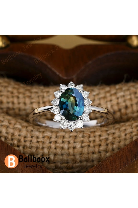 Oval Cut Natural Teal Sapphire Engagement Rings For Women Blue Gemstone Ring Unique Anniversary Band Starburst Ring