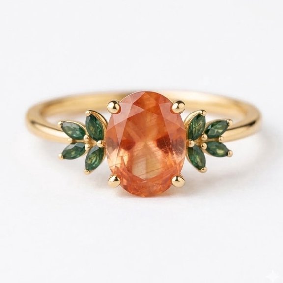 Oval Cut Orange Sapphire & Marquise Cut Moss Agate Stackable Ring, Anniversary Gift For Wife, Minimalist Proposal Ring, Christmas Day Gift For Love, Handmade Jewelry