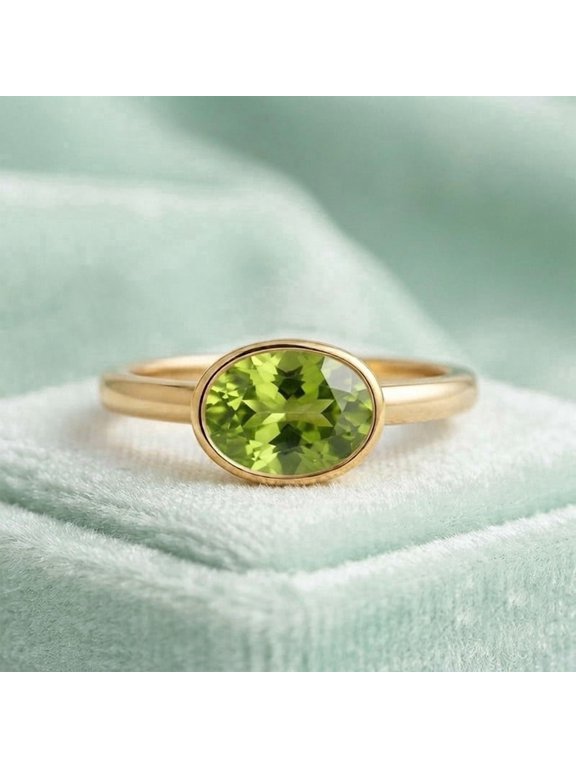 Oval Cut Peridot Gemstone Bezel Band Ring, 925 Sterling Silver Yellow Gold Plated Pretty Handmade Ring, August Birthstone Jewelry Wedding Gift for Her