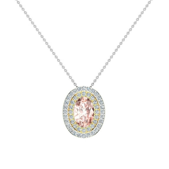 Oval Cut Pink Morganite Double Halo 2 Tone Necklace 14K Gold 2.20 CTW (G,SI)