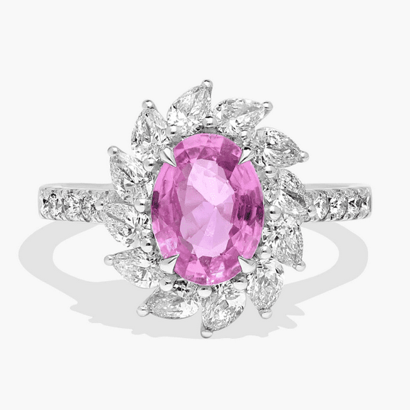 Oval Cut Pink Sapphire Diamond Sunflower Design Ring in 925 Sterling Silver - Pink Floral Promise Ring For Her