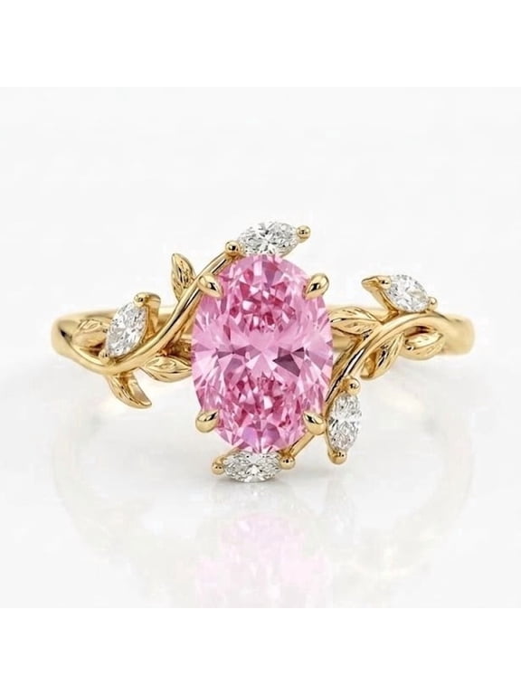 Oval Cut Pink Sapphire & Marquise Cut Diamond Engagement Ring, Pink Gemstone Ring, September Birthstone Ring, Dainty Wedding Ring, Leaf Band Ring, Handmade Jewelry