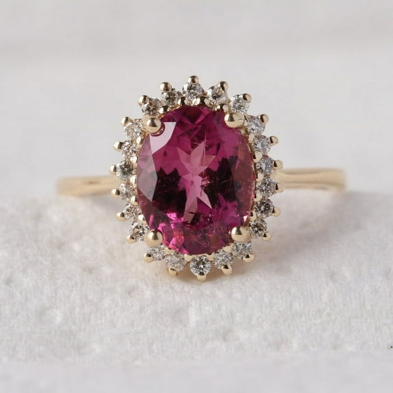 Oval Cut Pink Tourmaline & Cubic Zirconia Halo Ring, 925 Sterling Silver Engagement Ring, Handmade Fine Jewelry, Prong Setting, Minimalist Ring.