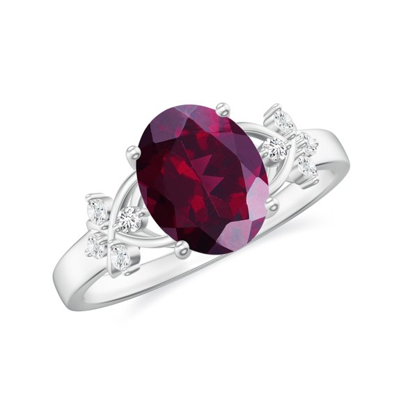 Oval Cut Prong Set Rhodolite Engagement Solitaire Ring for Women 925 Sterling Silver White Gold Plated Moissanite Side Stone Ring Size 6
