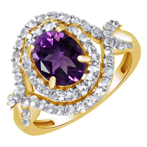 Oval Cut Purple Amethyst & White Topaz Halo Engagement Ring in 14k Yellow Gold Over Sterling Silver (1.38 Cttw)