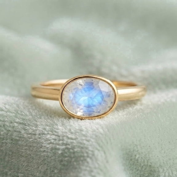Oval Cut Rainbow Moonstone Ring, 925 Sterling Silver Yellow Gold Plated Proposal Ring, Elegant Handmade Bezel Ring, Anniversary Gift Jewelry for Her