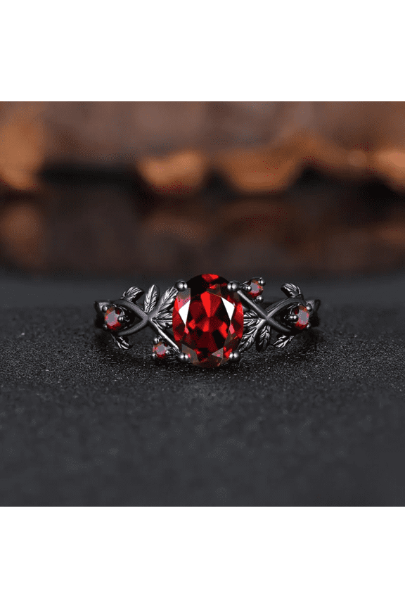 Oval Cut Red Garnet Ring in 14k Black Gold Vermeil - Art Deco Twig Leaf Garnet Ring - Anniversary Ring For Wife