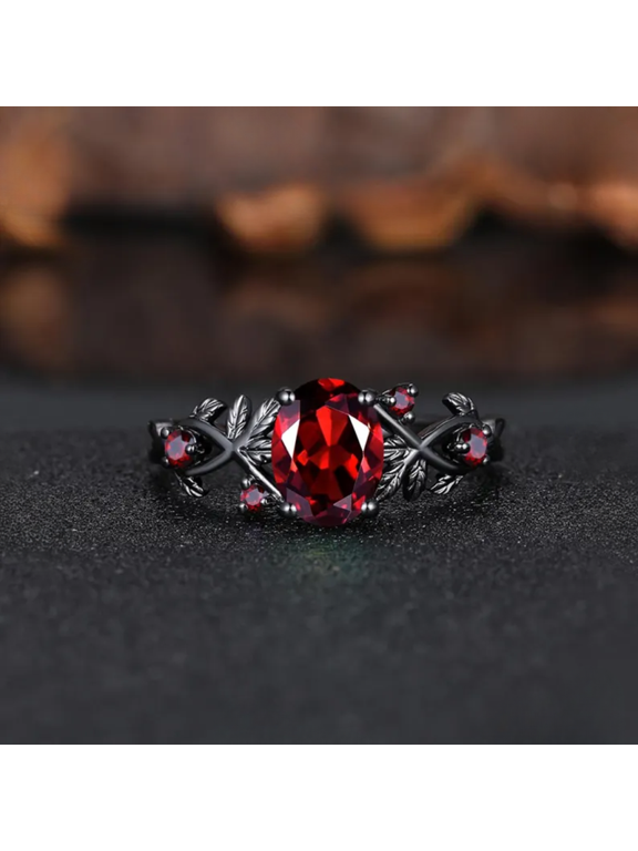 Oval Cut Red Garnet Ring in 14k Black Gold Vermeil - Art Deco Twig Leaf Garnet Ring - Anniversary Ring For Wife