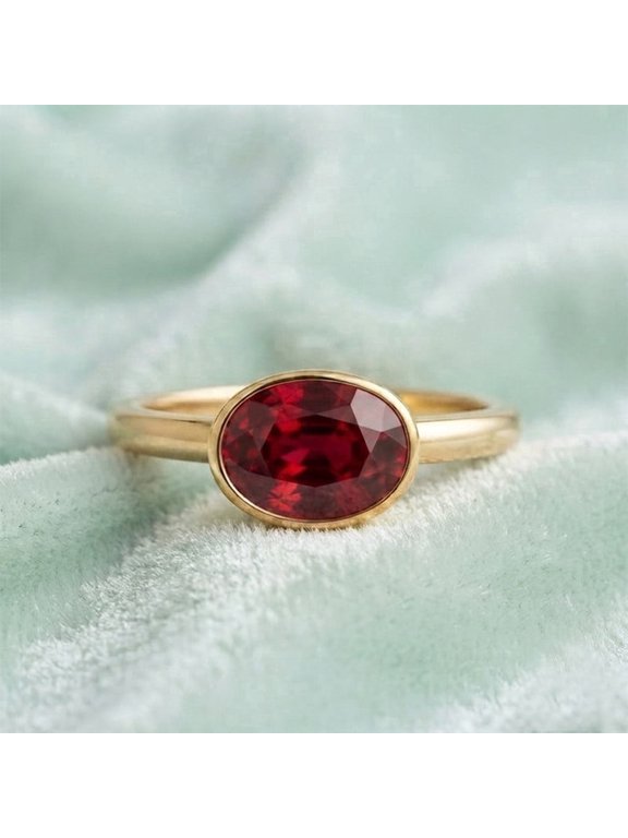 Oval Cut Red Ruby Gemstone Bezel Band Ring, 925 Sterling Silver Yellow Gold Plated Elegant Handmade Ring, July Birthstone Jewelry Wedding Gift for Her