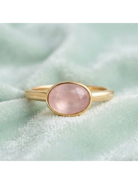 Oval Cut Rose Quartz Gemstone Bezel Ring, 925 Sterling Silver Yellow Gold Plated Proposal Ring, Dainty Handmade Band Ring Wedding Gift Jewelry for Her