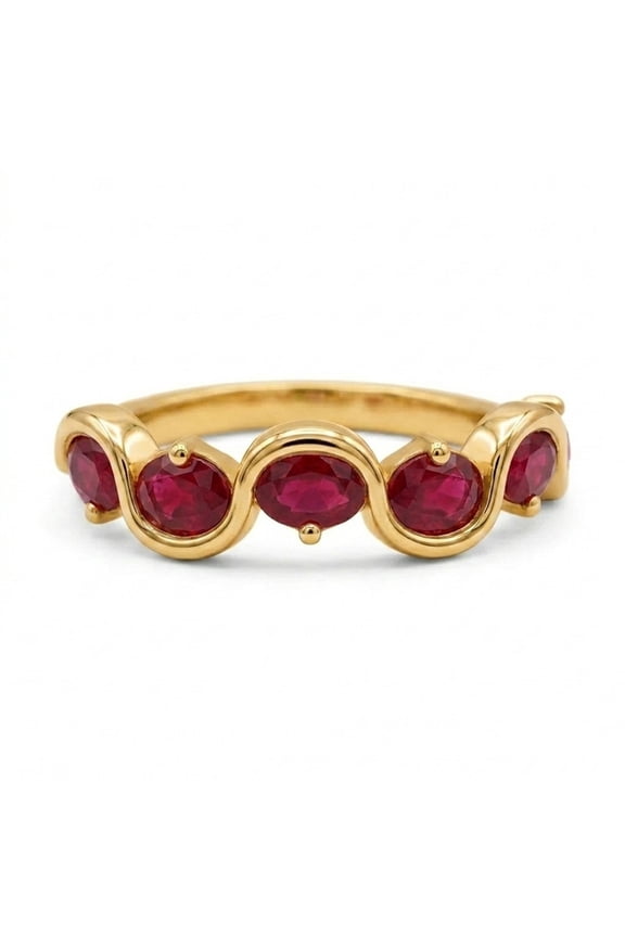 Oval Cut Ruby Wave Band Ring For Engagement, Unique Stackable Ring Gift For Anniversary, Curve Band Ring, July Birthstone Ring
