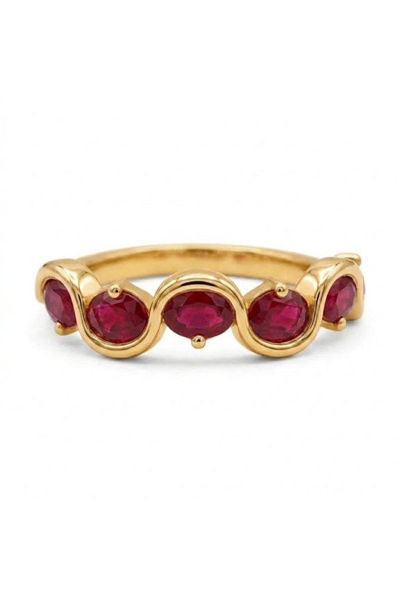 Oval Cut Ruby Wave Band Ring for Engagement, 925 Sterling Silver Stackable Ring, Gift for Anniversary, Curved Band Handmade Ring, July Birthstone Ring