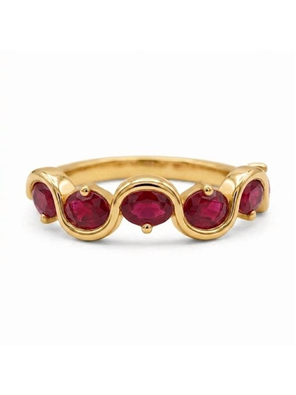 Oval Cut Ruby Wave Band Ring for Engagement, 925 Sterling Silver Stackable Ring, Gift for Anniversary, Curved Band Handmade Ring, July Birthstone Ring