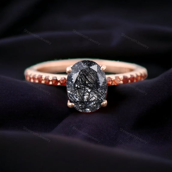 Oval Cut Rutile Quartz Engagement Ring Bridal Garnet Stacking Ring Birthday Gift For Wife January Birthstone Jewelry Rose Gold Plated Rings