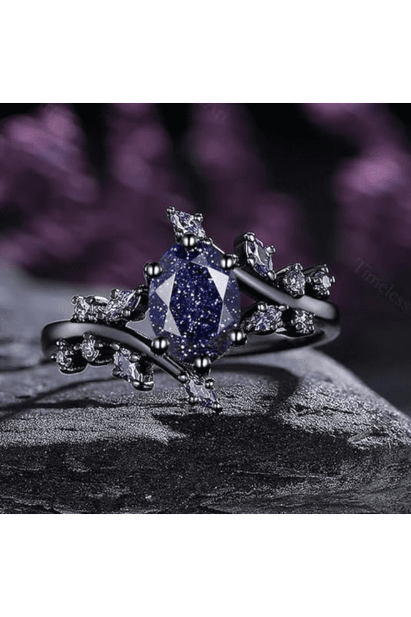 Oval Cut Sandstone And Alexendrite Leaf Ring in 14k Black Gold Finish - Proposal Ring - Ring For Women