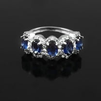 Oval Cut Sapphire Moissanite Halo Wedding Band, Blue Sapphire Gemstone Band, Five Stone Matching Band, Wide Stacking Birthstone Band, Gifts.