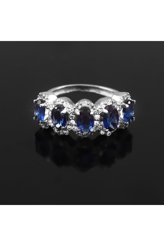 Oval Cut Sapphire Moissanite Halo Wedding Band, Blue Sapphire Gemstone Band, Five Stone Matching Band, Wide Stacking Birthstone Band, Gifts.